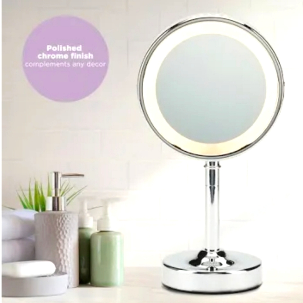 Magnifying tilting tabletop Mirror by Conair 1X & 5X magnification Silver Chrome